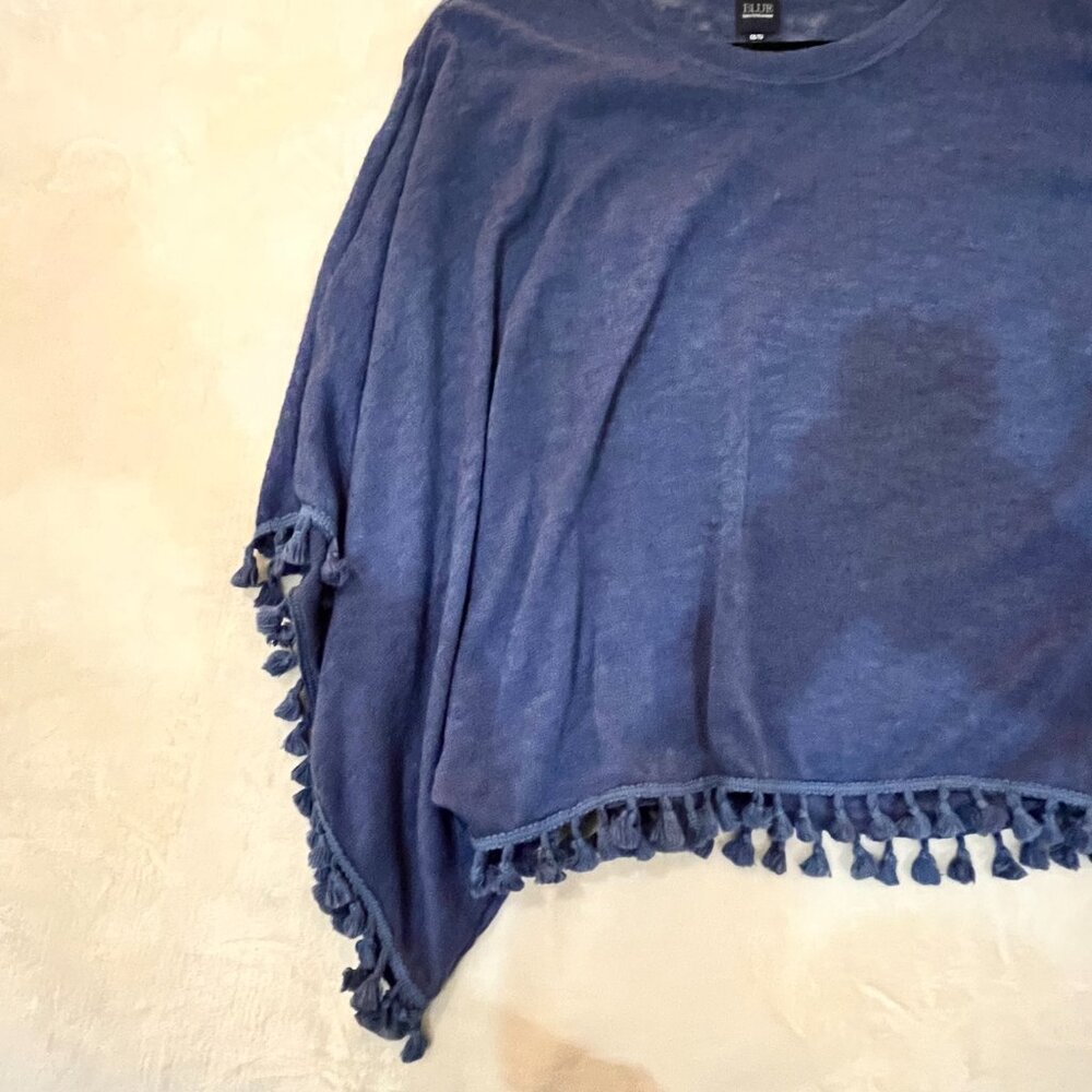 Womens BLUE Saks Fifth Avenue Blue Poncho Sweater Top With Fringe One Size - Picture 5 of 5